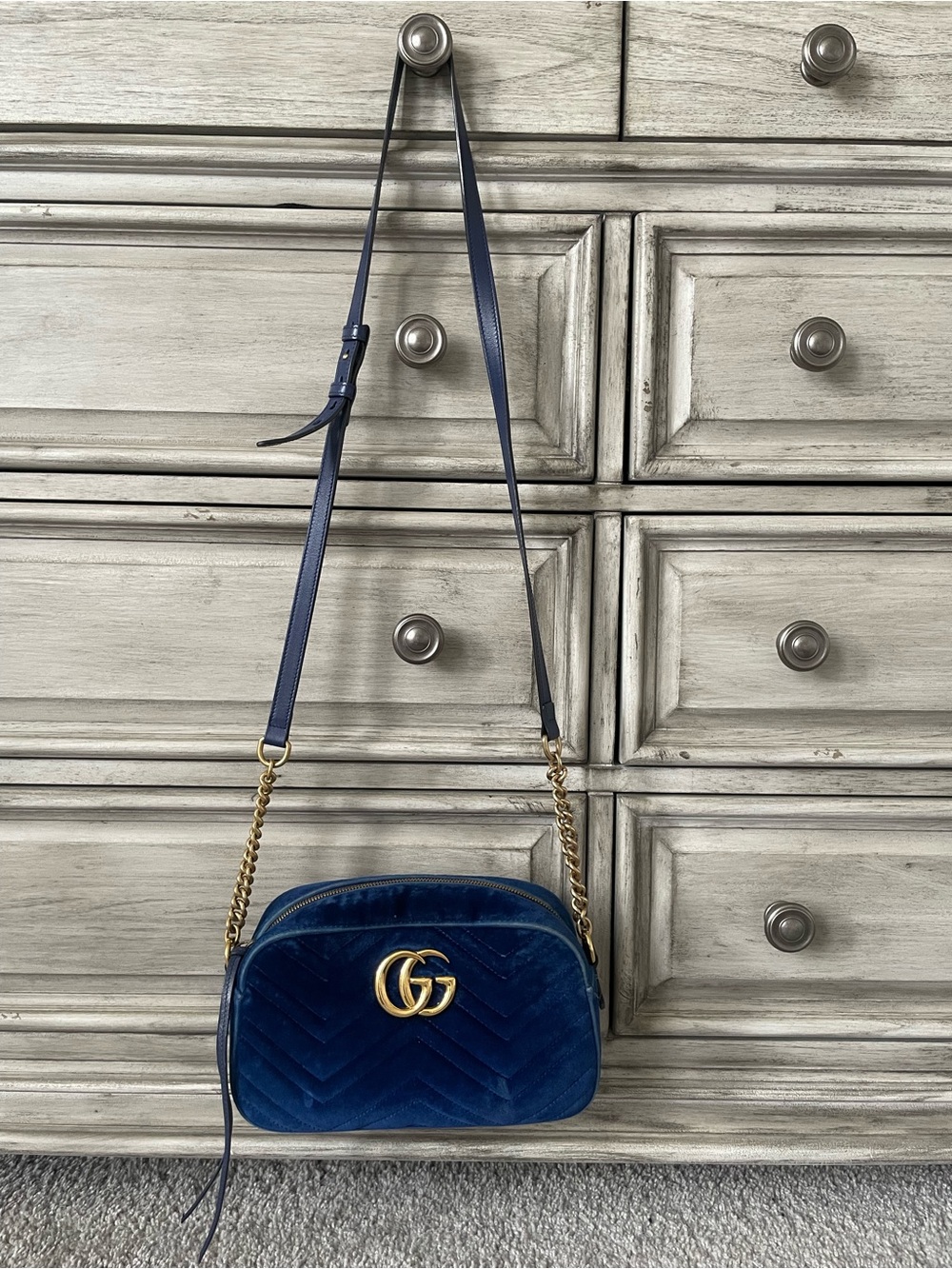Gucci Blue Velvet GG Marmont Camera Crossbody Bag